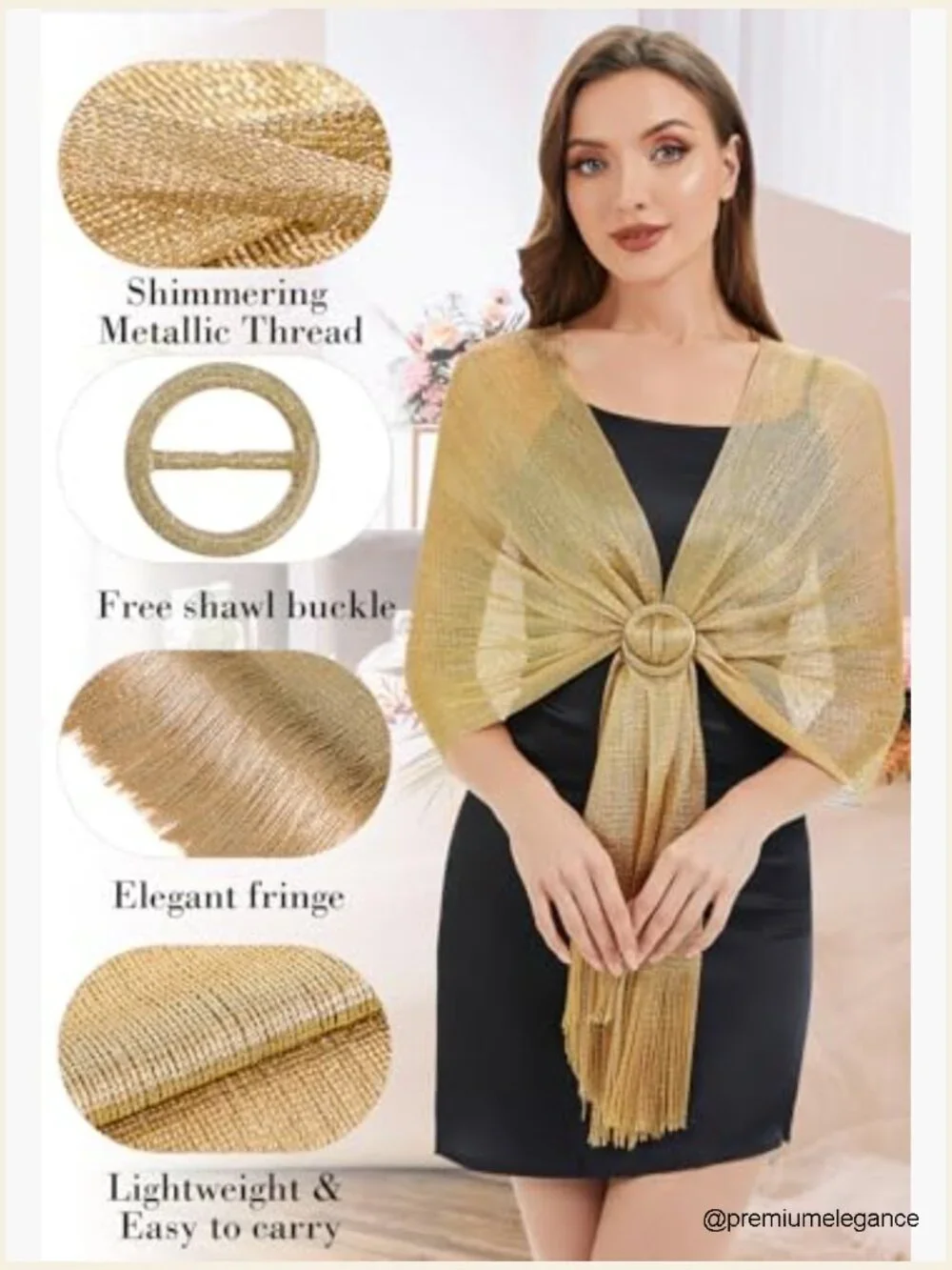 Metallic Shawl Wrap for Evening Dresses - Formal Wedding Cape with Buckle